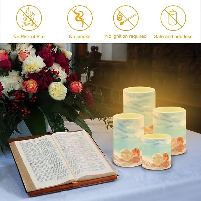 Flameless Candles with Remote Control, Set of 4, Color Changing Flickering Flameless LED Pillar Candles with Battery Operated, Beach Seashell Blue Decor