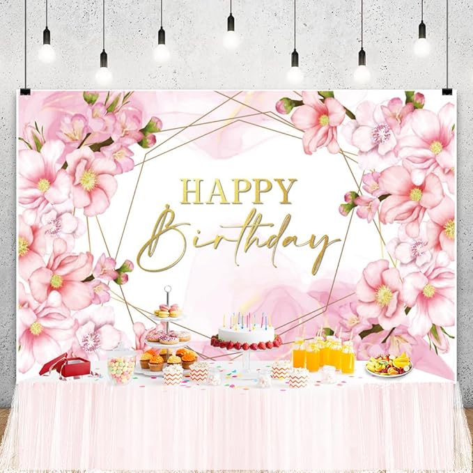 ChloropLastid 12x8ft Floral Happy Birthday Backdrop for Girls Pink Blooming Floral Birthday Party Decorations Photography Background Watercolor Flowers Women Birthday Party Decor Banner Photo Props
