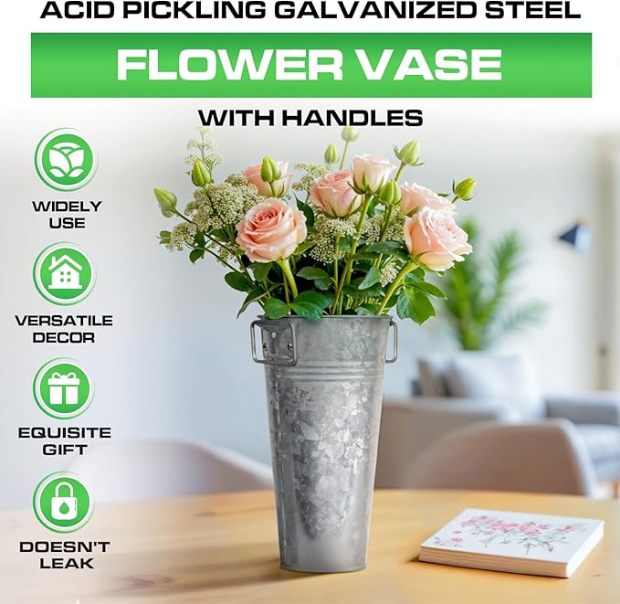 Plexon 9" Tall Galvanized Metal Vase for Flowers, Metal Flower Container with Handles, Farmhouse French Tin Vases for Flowers Ideal for Sparkler Bucket Wedding Home Decor, Set of 12