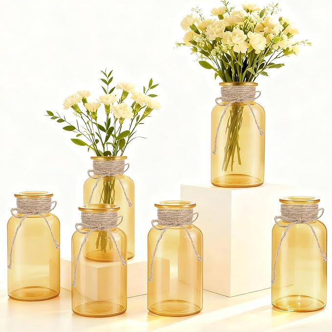 Vintage Glass Flower Vase，6 Pack Gold Amber Farmhouse Glass Centerpiece Vases Mason Jars for Weddings, Parties & Home Decor Bulk (6, Gold)
