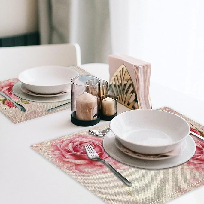 Pink Flower Placemats Set of 6, 17x12 Inch Romantic Watercolor Floral Rose Print Table Mats for Home Party Kitchen Dining Decor
