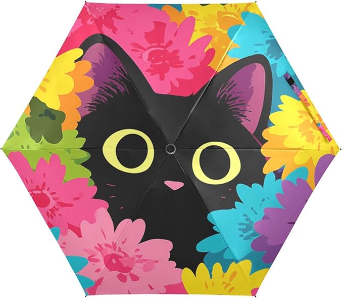 JIPONI Mini Travel Umbrellas for Rain Cute Cat Floral, Small Umbrella Compact Waterproof Anti-UV Protection Lightweight Portable