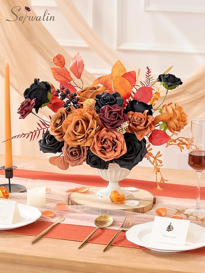 Serwalin Artificial Orange & Black Flowers, Silk Fake Flowers, Autumn Faux Flowers for Wedding Bouquet, Table Centerpieces, Home Decor