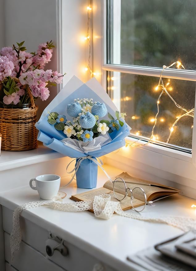Crochet Flower Bouquet Handmade Knitted Sunflower Tulip Rose Daisy