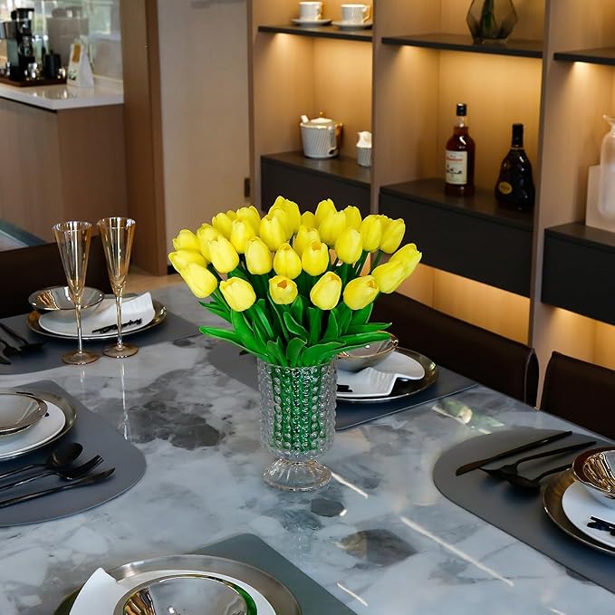 36 PCS Yellow Tulips Artificial Flowers 13" PU Fake Flowers for Wedding Home Decor (Yellow)