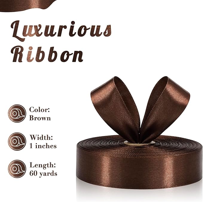 Brown Ribbon 1 Inch 60 Yards, Brown Satin Ribbon for Gift Wrapping, Flower Bouquet, Graduation Lei, Crafts, Baby Shower, Eternal Flower, Christmas and Wedding