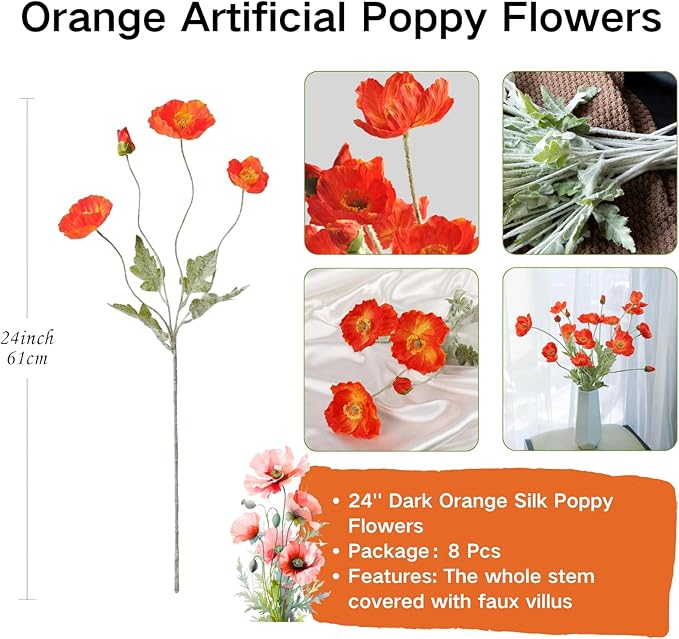 ASTRYAS Poppy Artificial Flowers, 8Pcs Silk Poppies Fake Faux Flowers for Decoration Silk Bouquet,for Wedding, Home, Party Decoration,Table Centerpiece Arrangement(Orange Red, 8pcs)