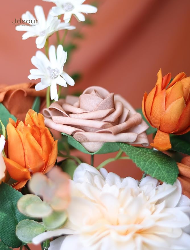 50pcs Artificial Flower，Real Touch Foam Roses w/Stem DIY for Wedding Bouquet Centerpieces Party Shower Home Decor-Burnt Orange Taupe