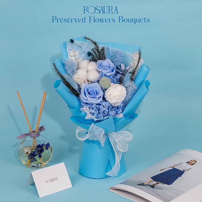 Rosaura Preserved Flowers Bouquets, Flowers for Delivery Prime, Forever Roses Bouquets Valentine's Day, Mother's Day, Christmas, Birthday Gifts (Blue)