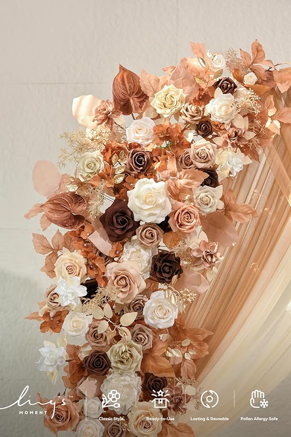 Ling's moment Wedding Arch Backdrop Stand with Flowers - 7.2FT, 6FT Set of 2 Metal Arch Frame with Drapes for Ceremony Decorations - Artificial Floral for Birthday Party, Baby Shower, Rust Boho