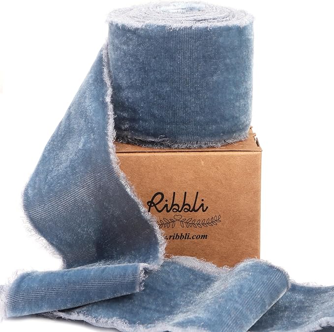 Ribbli Dusty Blue Velvet Ribbon 2 Inch Handmade Frayed Vintage Christmas Ribbon for Gift Wrapping Christmas Tree Ornament Wreath Craft Home Decor -3 Yards