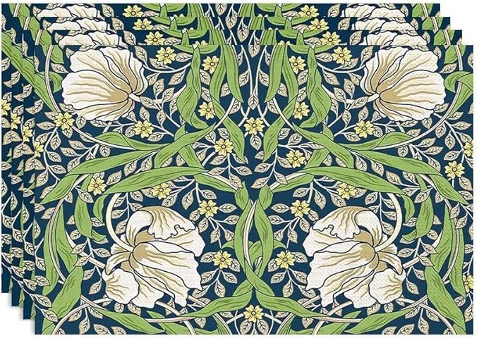 William Morris Flower Placemats Set of 4, Retro Boho Botanical Plant Place Mats, Heat Resistant Non Slip Cotton Linen Dining Table Mats for Home Kitchen Party 18x12 Inch