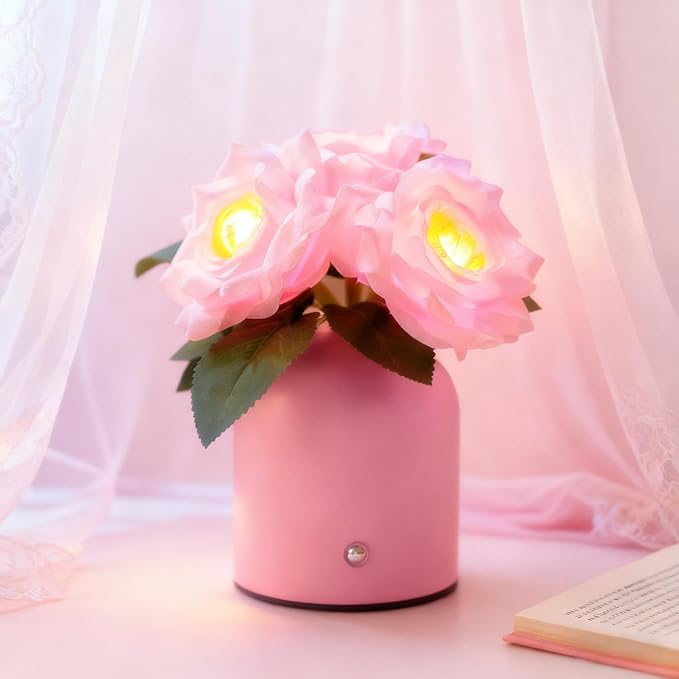 Pink Rose Lamp, Christmas Birthday Valentines Day Gifts for Women Wife Mom Girlfriend Daughter, Rechargeable Cordless Touch Table Lamp, Bedroom Bar Coffee Shop Decor Night Light