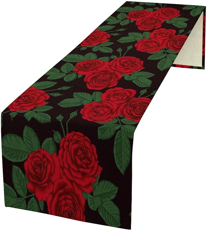 Red Rose Print Table Runner, Romantic Valentines Rose Summer Seasonal Dinner Runner Table Decoration for Home Kitchen Dining Holiday Wedding Party 13x108in