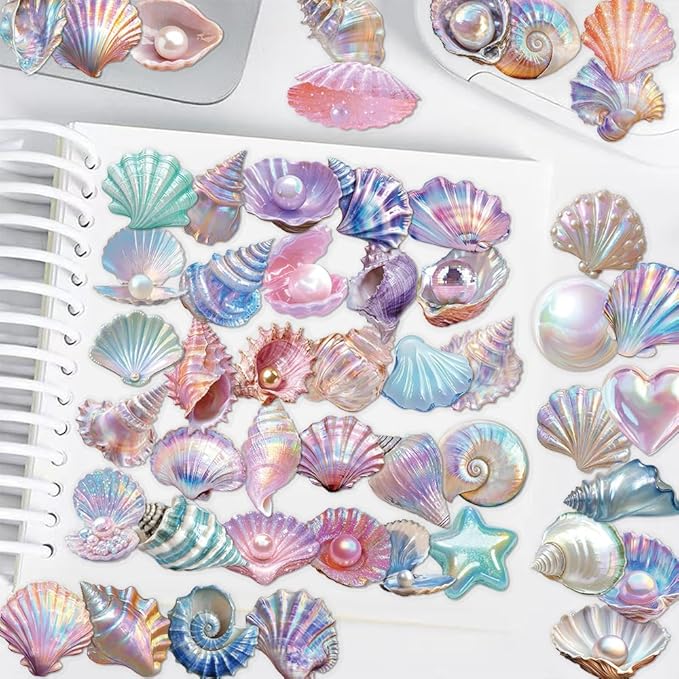 50 Pcs Sea Shell Stickers Waterproof, Transparent PET Aesthetic Stickers, Nautical Clam Shell Pearl Decals for DIY Crafts, Journals, Planners, Laptop & Water Bottle Decor