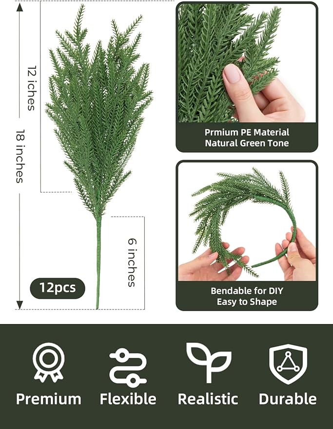 12Pcs 18'' Norfolk Pine Stems Realistic, Lifelike Christmas Greenery Pine Branches for DIY Wreaths, Vase Fillers, Indoor Outdoor Decor, Real Touch Christmas Decorations for Table, Mantle
