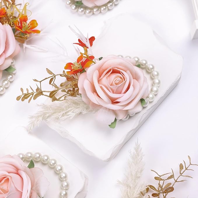 Meldel Pink Wrist Corsage and Boutonniere Set, Flower On Wrist for Bride Bridesmaid Wedding, Boutonniere for Men Groom Groomsman Wedding Accessories Prom Party Suit Decorations
