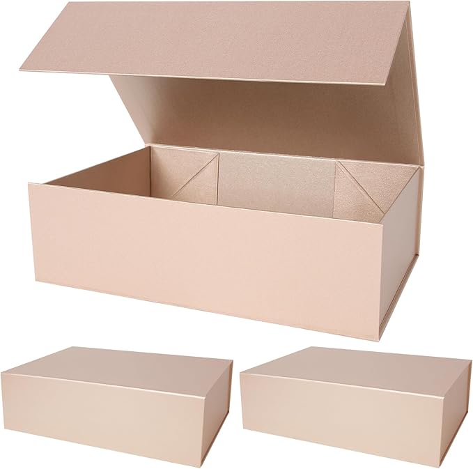 Aimyoo Gold Collapsible Gift Box with Magnetic Closure Lids 13.8x9x4.3 in, Bridesmaid Groomsmen Proposal Box, Large Rectangle Box for Present Graduation Storage 3 Pack