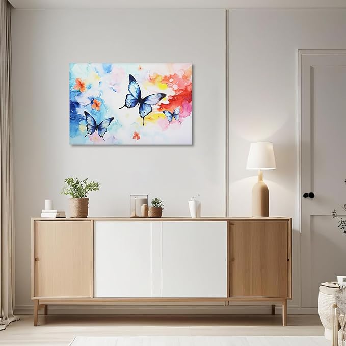 KPLUNDO Butterfly Wall Art Abstract Flower Picture Watercolour Painting Modern Artwork Home Decor Framed for Living Room Bathroom Bedroom Office Decoration Ready to Hang(Art-4,12.00x18.00 inch)