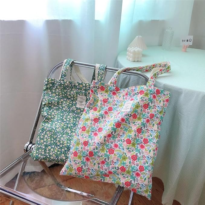 Cotton Canvas Tote Bag Reusable Soft Grocery Cloth Bag Floral Shoulder Bag for Beach Travel Shopping