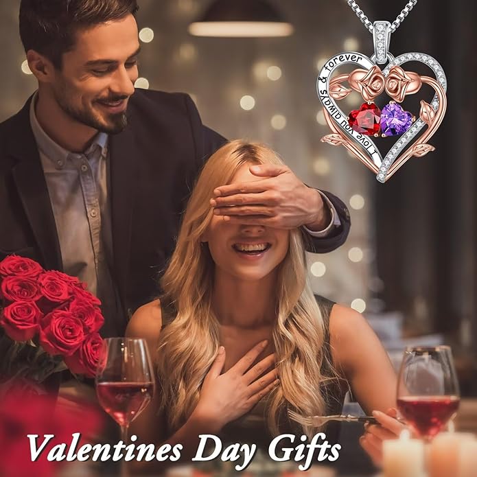 Iefil Rose Heart Double Birthstone Necklace Gifts for Wife Her Mom Women, Birthstone Jewelry Gemstone Birthday Gifts for Girlfriend Grandma Her Wife Women