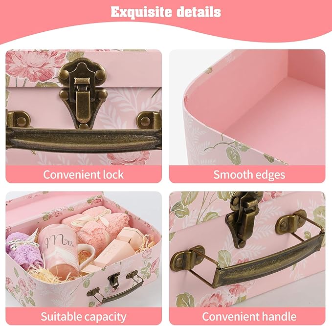 Set of 3 Paperboard Suitcases Storage Box Storage Gift Boxes With Lids for Photo Storage Home Decoration, Wedding, Birthday, Anniversary and New Year Gift Decoration (3Pcs, Pink Flowers)