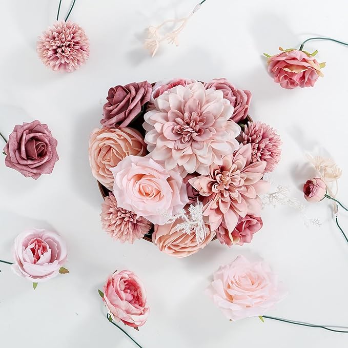 Artificial Flowers Combo Dusty Pink Roses with Stems Bouquets Bridal Wedding Shower Decorations Fake Floral for Party Table Centerpieces Home Decor