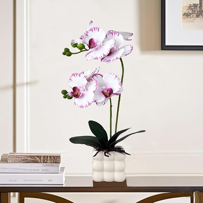 Artificial Orchids in Vase, White Purple Edged, 14 in Height, Home Decor Orchid Artificial Flowers