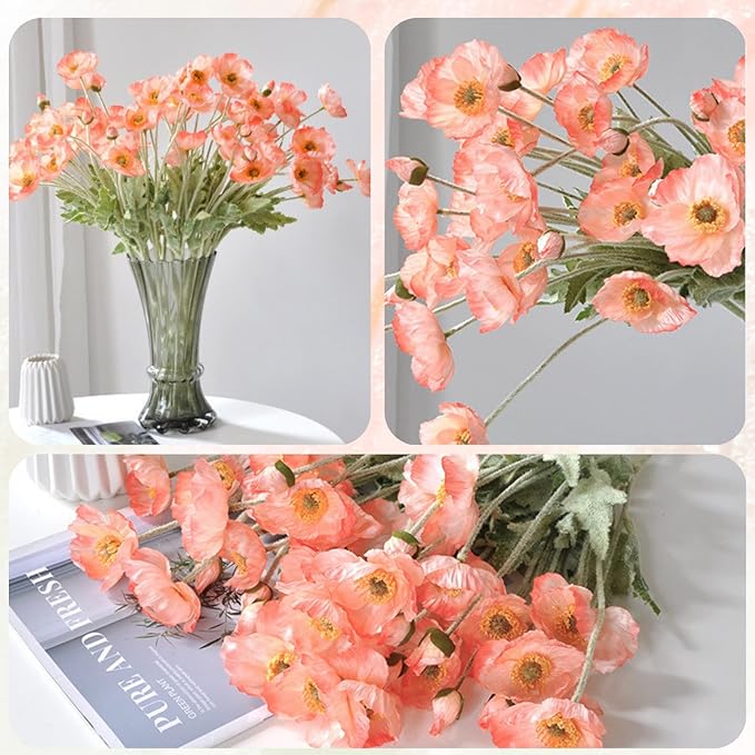 ASTRYAS Artificial Flowers 8 Stems Poppy Silk Bouquet,Fake Pooppies Flowers for Wedding, Home, Party Decoration,Table Centerpiece Arrangement(Coral Pink, 8pcs)