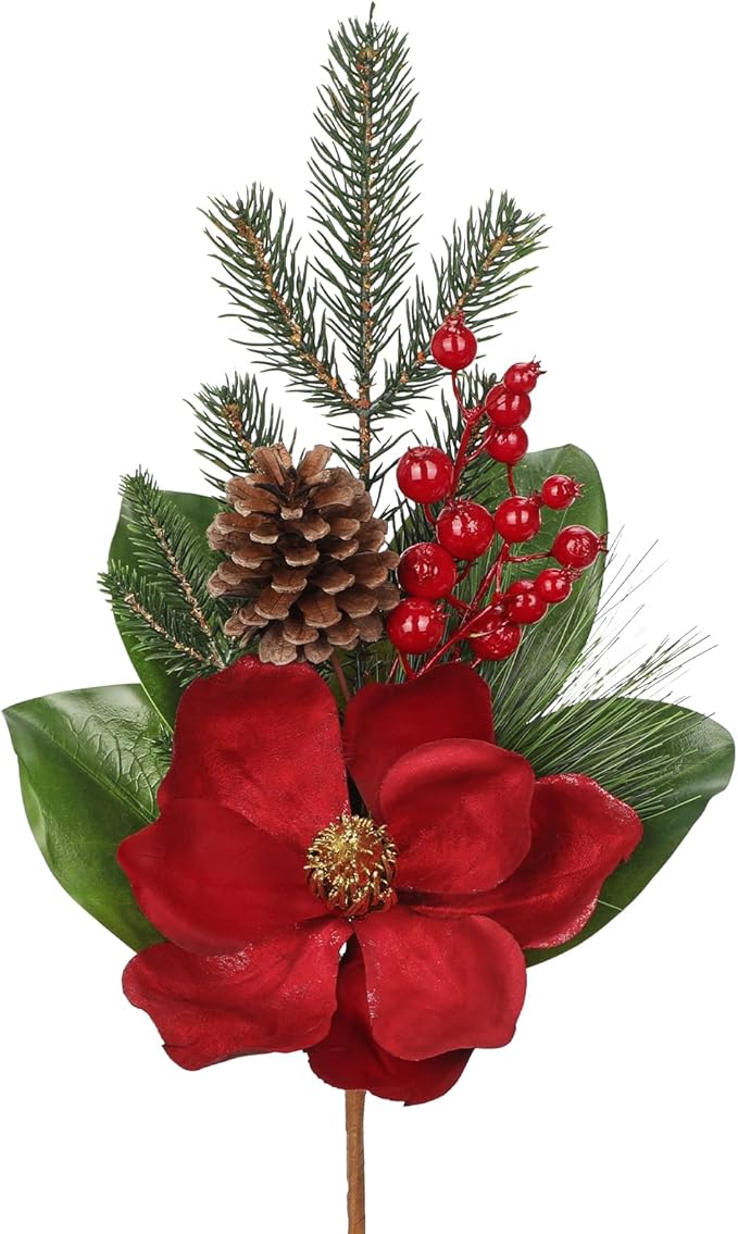 Briful Red Magnolia Christmas Flower Branches, 2 Pack 18.9in Artificial Magnolia Floral Picks and Spray with Pinecones Berries for Xmas Tree Vase Arrangements Decor