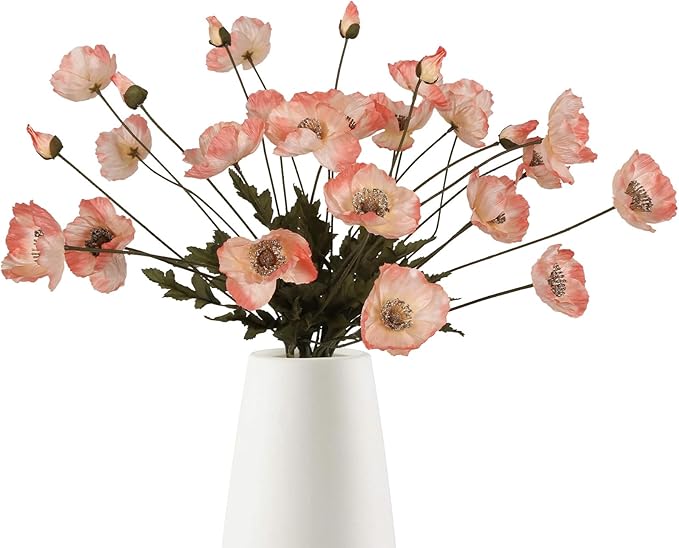 IPOPU Fake Poppies Coral Pink Silk Flowers 6pcs Artificial Poppies Realistic Faux Flowers for Wedding Centerpieces for Tables Bridal Shower Party Decorations (Coral Pink)