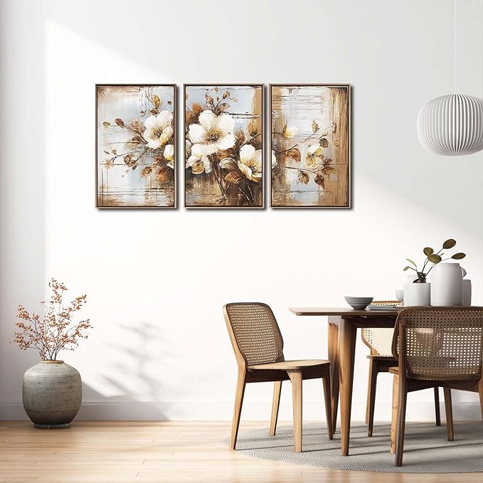 YCJKJDZ Framed Dark Floral Canvas Wall Art Set of 3, Neutral Fall Plant Bohemian Vintage Moody Flower Wall Decor Artwork for Farmhouse Bedroom Living Room Office, 20x30 inches