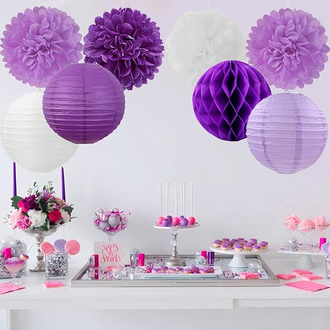 Purple White Paper Flowers Tissue Pom Poms Honeycomb Lanterns 15pcs Party Decorations for Birthday Lavender Baby Shower Wedding Mom Bridal Lilac Retirement Graduation Hanging Decor Mprocherify