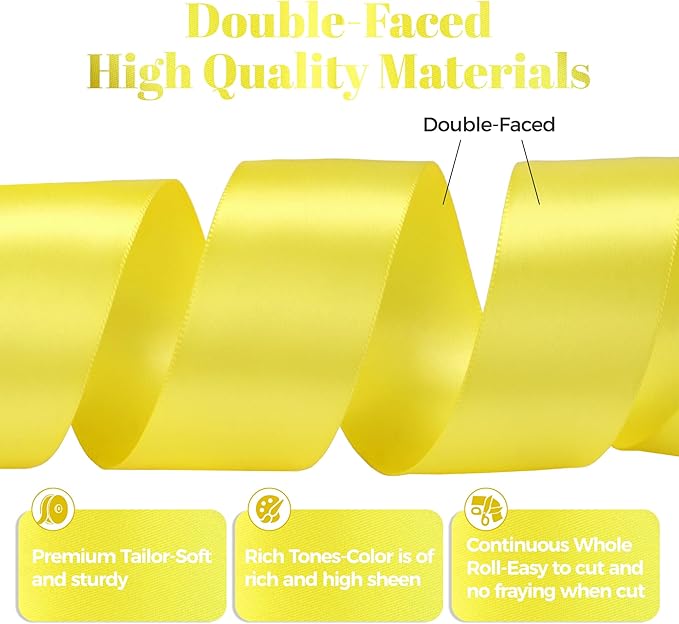 Lemon Yellow Satin Ribbon, Double Faced 1-1/2 Inch X 25 Yards Lemon Yellow Ribbon, Premium Satin Ribbon for Gift Wrapping, Crafts, Hair Bow Making, Sewing, Flower Bouquet, Wedding Party Decor