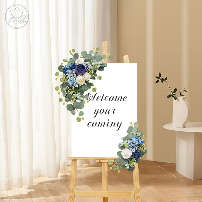 Artificial Wedding Arch Flowers for Wedding Sign,Set of 2 for Wedding Welcome Ceremony Sign,Faux Floral Swags,Wedding, Banquet and Reception Backdrop Floral Decoration (Blue)