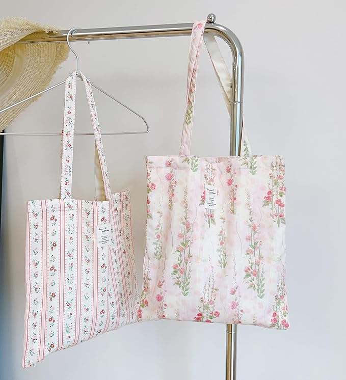 Cotton Canvas Tote Bag Reusable Soft Grocery Cloth Bag Floral Shoulder Bag for Beach Travel Shopping