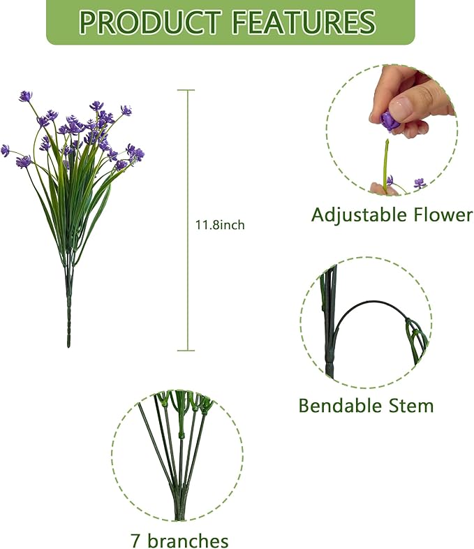 Artificial Flowers Outdoors, 12 Bundles No Fade Fake Flowers UV-Anti Easy to Clean Faux Greenery Plants Faux Plastic Plants Garden for Indoor Outdoor Home Garden Decoration, Purple