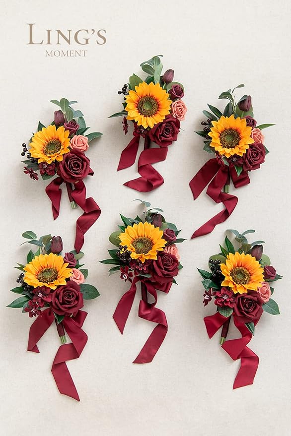 Ling's moment Artificial Flowers Sunflower Bridesmaid Bouquet Set of 6, Burgundy & Sunflower Wedding Flowers Bouquets for Bridesmaids, 7 Inch Bridal Bouquets for Bridesmaids, Wedding, etc
