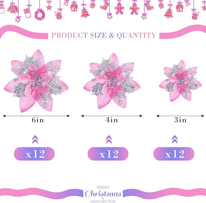 Geosar 36 Pcs Christmas Glitter Artificial Poinsettia Flowers Xmas Poinsettia Artificial Wedding Flowers Decorations Xmas Tree Ornaments with Clips for Party, 6 Inch, 4 Inch, 3 Inch(Pink and Silver)