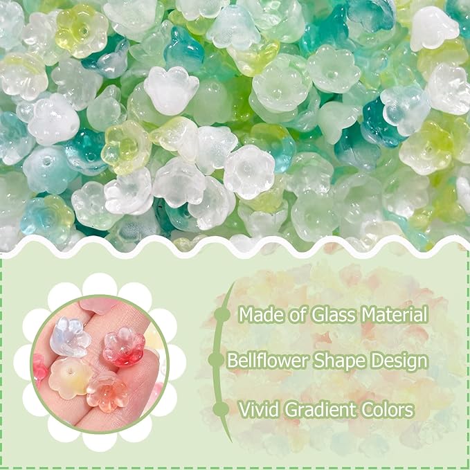 LadayPoa 350pcs Glass Bellflower Beads for Jewelry Making Trumpet Flower Beads Gradient Clear Cute Bead for Bracelets Making Aesthetic Bead Charms for DIY Necklace Decoration-Green Series