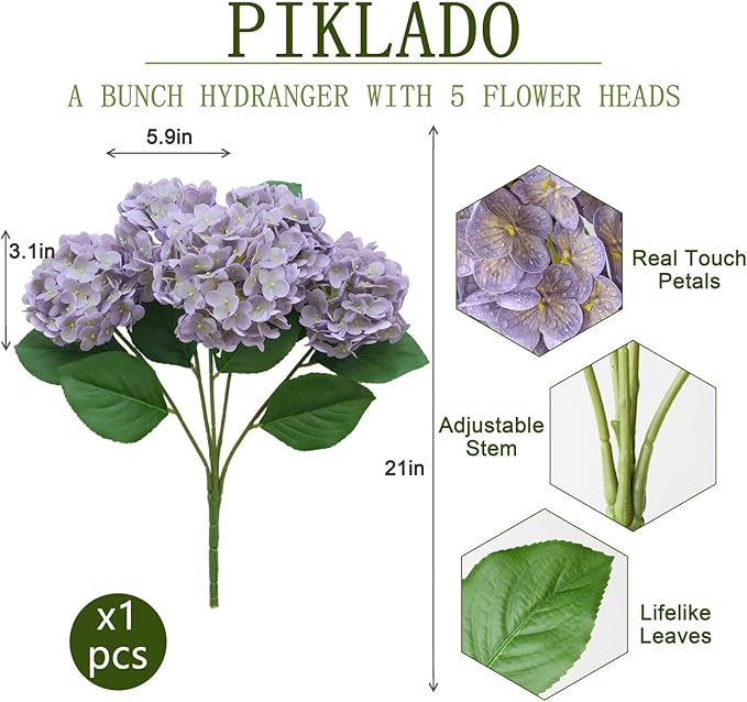 A Bunch 21in, Real Touch Hydrangea Artificial Flower, with 5pcs Flower Head 10pcs Leaves, Faux Hydrangea Flowers for Home Office Decor Wedding Party Arrangements (1, Light Purple)
