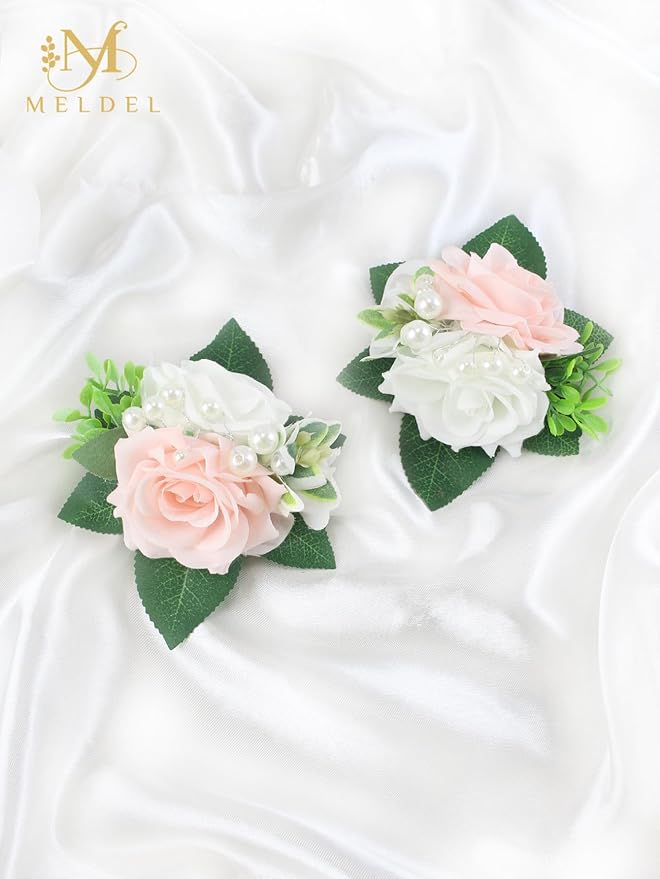 Meldel Pink&White Boutonniere for Men Wedding, Set of 6,Elegant Pearls Rose Boutonniere for Groom Groomsman Prom,Homecoming,Anniversary,Party,Prom Flowers and Vintage Wedding