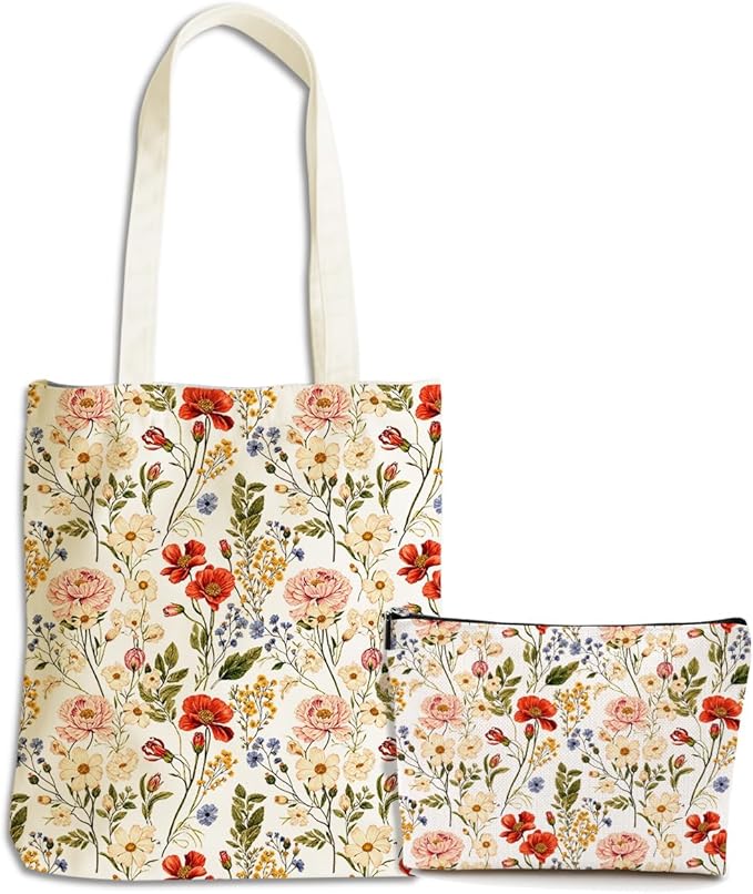 Flower Plant Lover Gifts for Women Canvas Tote Bag with Makeup Bag Cosmetic Bags Grocery Bags for Shopping Christmas