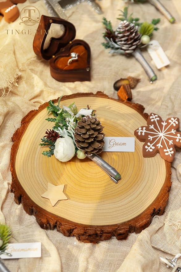 TINGE TIME Boutonniere for Men, Groom and Best Man Boutonniere for Wedding Ceremony Anniversary, Formal Dinner Party and Rustic Xmas Wedding Marriage (Christmas White)