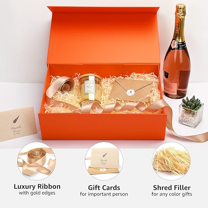 LIFELUM Christmas Gift Boxes 13.85 x 8.35 x 4.45 inch 5 Pack Gift Boxes with Lids Contains Card, Ribbon, Shredded Paper Filler (Orange)