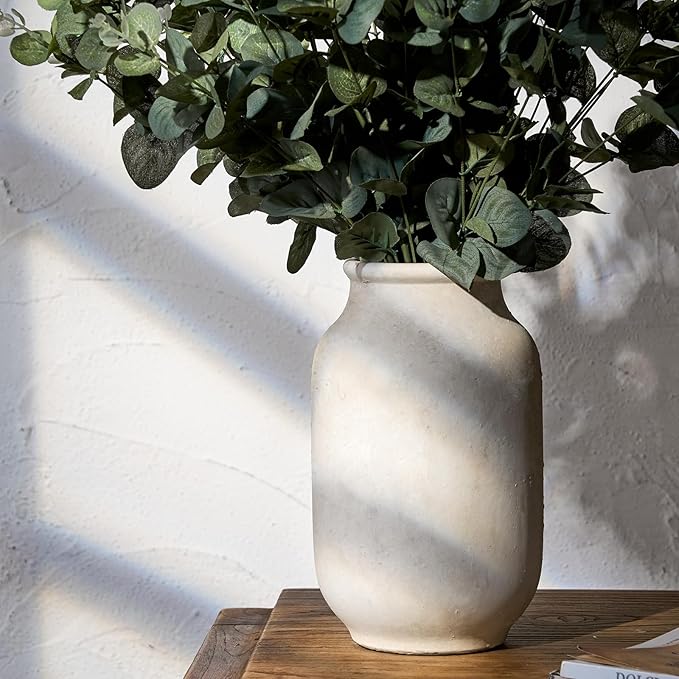 SIDUCAL Rustic Farmhouse Flower Vase | 9.5 Inch Large Ceramic Vase | Pampas Grass | Modern Farmhouse for Home Decor, Table, Living Room Decoration, Shelf Decor, Mantel, White