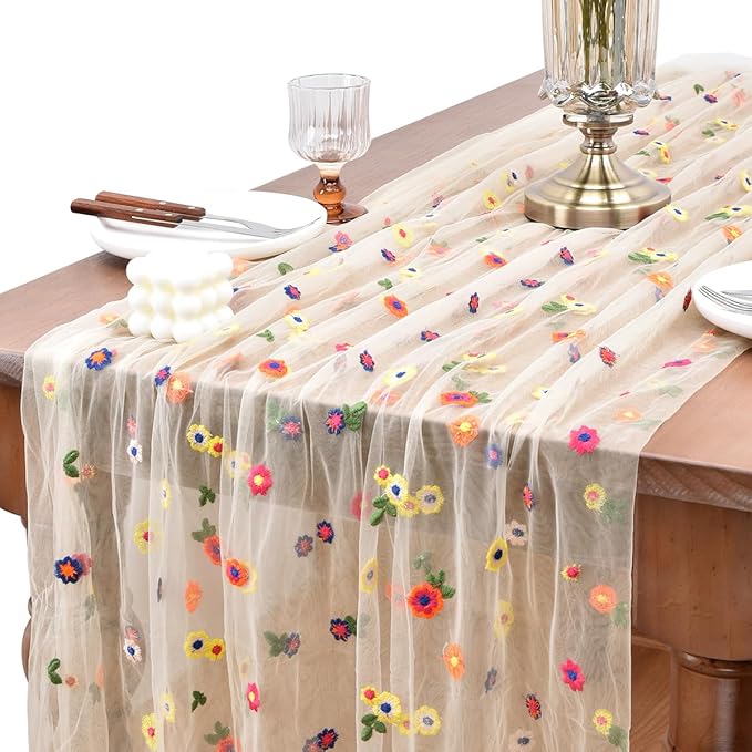 Joanlody Champagne Embroidery Daisy Christmas Table Runner 10ft Florals Seasonal Tulle Table Runner Holiday Kitchen Dining Table Decoration for Home Party Indoor