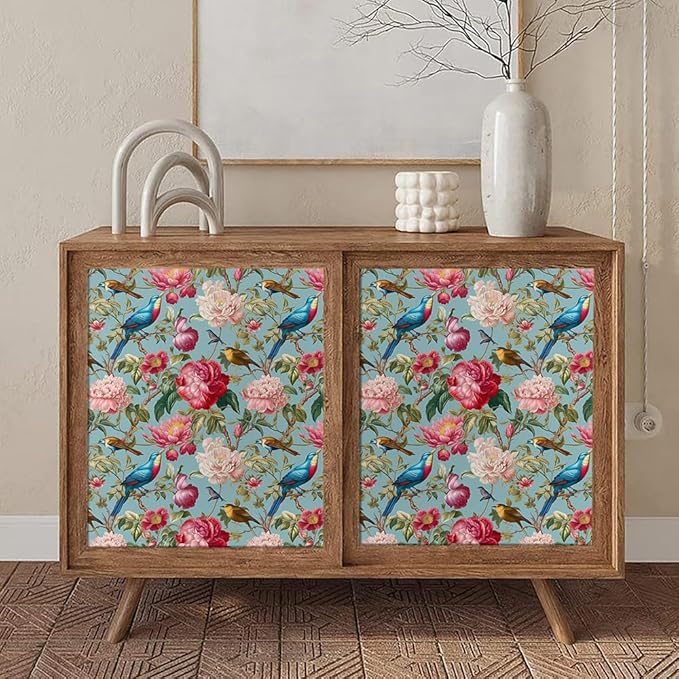 Vintage Pink Blue Peony Floral Birds Peel and Stick Wallpaper Easy Peel Off Contact Paper Stick on Adhesive Wall Paper for Bathroom Waterproof Renter Friendly