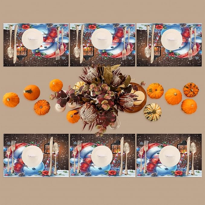 Christmas Art Snowman Snowflake Placemats Set of 6 PVC Vinyl Non Slip Table Mats Heat Resistant Place Mats Washable Wipeable Dining Table Mat for Kitchen Decor Party Indoor Outdoor Decorative Gift