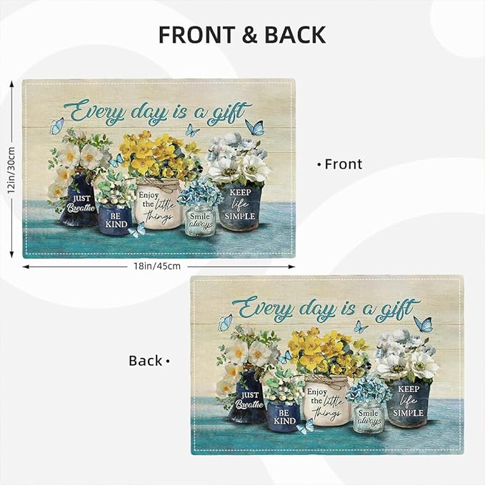 Farmhouse Spring Flower Placemats Set of 4 Every Day is A Gift Country Rustic Floral Yellow Double-Sided Table Mats for Dining Room Home Party Indoor 4 PCS 12x18 Inch